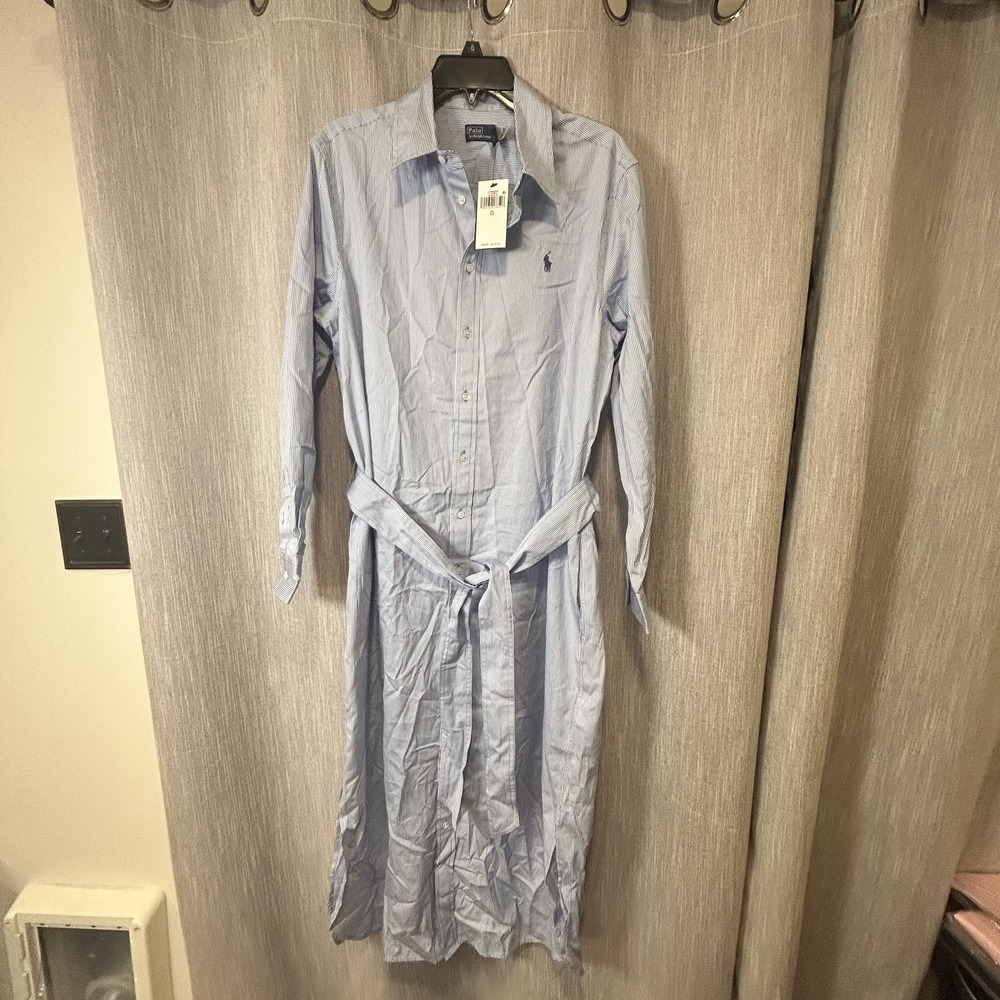 Polo By Ralph Lauren Shirt Dress Women's 12 Blue Striped Belted Long Sleeve $228